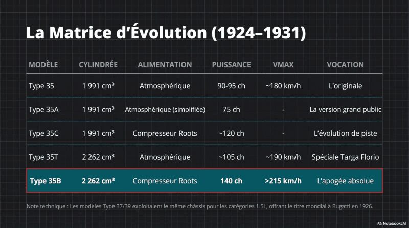 la matrice d'évolution de la Bugatti type 35 