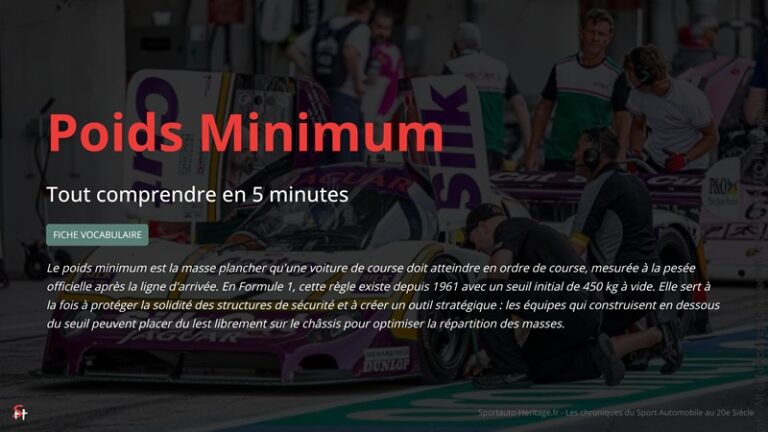 Le poids minimum est la masse plancher qu'une voiture de course doit atteindre en ordre de course, mesurée à la pesée officielle après la ligne d'arrivée. En Formule 1, cette règle existe depuis 1961 avec un seuil initial de 450 kg à vide. Elle sert à la fois à protéger la solidité des structures de sécurité et à créer un outil stratégique : les équipes qui construisent en dessous du seuil peuvent placer du lest librement sur le châssis pour optimiser la répartition des masses.