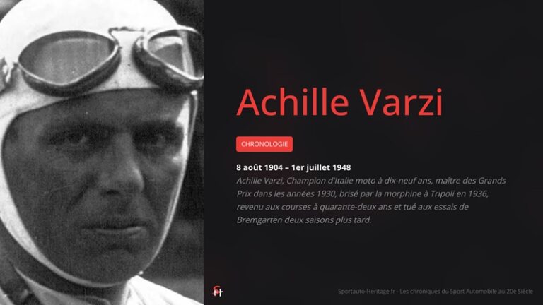Achille Varzi Chronologie 8 août 1904 – 1er juillet 1948 Achille Varzi, Champion d'Italie moto à dix-neuf ans, maître des Grands Prix dans les années 1930, brisé par la morphine à Tripoli en 1936, revenu aux courses à quarante-deux ans et tué aux essais de Bremgarten deux saisons plus tard.