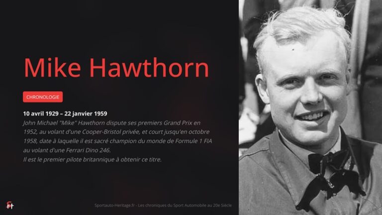 John Michael "Mike" Hawthorn dispute ses premiers Grand Prix en 1952, au volant d'une Cooper-Bristol privée, et court jusqu'en octobre 1958, date à laquelle il est sacré champion du monde de Formule 1 FIA au volant d'une Ferrari Dino 246. Il est le premier pilote britannique à obtenir ce titre.