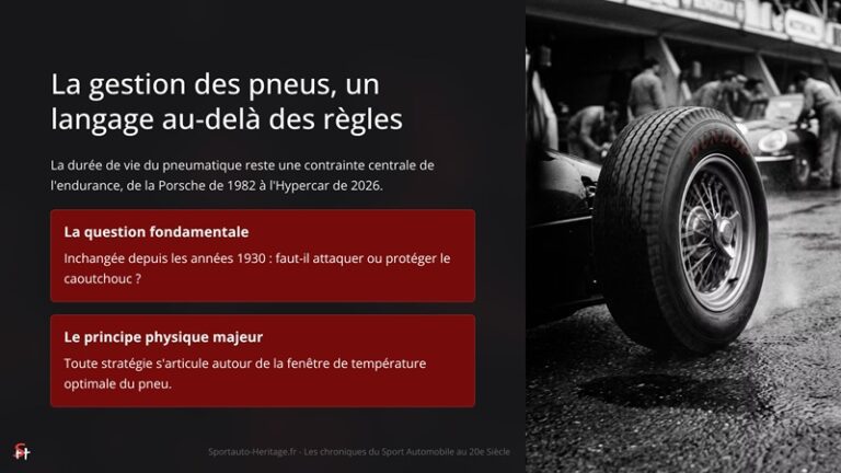 La gestion des pneus, un langage au-delà des règles La durée de vie du pneumatique reste une contrainte centrale de l'endurance, de la Porsche de 1982 à l'Hypercar de 2026. La question fondamentale Inchangée depuis les années 1930 : faut-il attaquer ou protéger le caoutchouc ? Le principe physique majeur Toute stratégie s'articule autour de la fenêtre de température optimale du pneu.