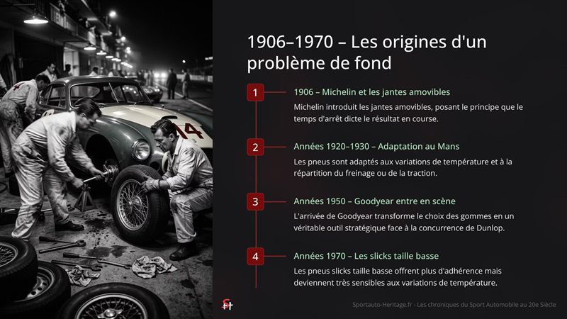 1906–1970 – Les origines d'un problème de fond 1906 – Michelin et les jantes amovibles Michelin introduit les jantes amovibles, posant le principe que le temps d'arrêt dicte le résultat en course. Années 1920–1930 – Adaptation au Mans Les pneus sont adaptés aux variations de température et à la répartition du freinage ou de la traction. Années 1950 – Goodyear entre en scène L'arrivée de Goodyear transforme le choix des gommes en un véritable outil stratégique face à la concurrence de Dunlop. Années 1970 – Les slicks taille basse Les pneus slicks taille basse offrent plus d'adhérence mais deviennent très sensibles aux variations de température.