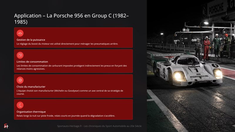 Application – La Porsche 956 en Group C (1982–1985)

Gestion de la puissance

Le réglage du boost du moteur est utilisé directement pour ménager les pneumatiques arrière.

Limites de consommation

Les limites de consommation de carburant imposées protègent indirectement les pneus en forçant des relances moins agressives.

Choix du manufacturier

L'équipe choisit son manufacturier (Michelin ou Goodyear) comme un axe central de sa stratégie de course.

Organisation thermique

Relais longs la nuit sur piste froide, relais courts en journée quand la dégradation s'accélère.