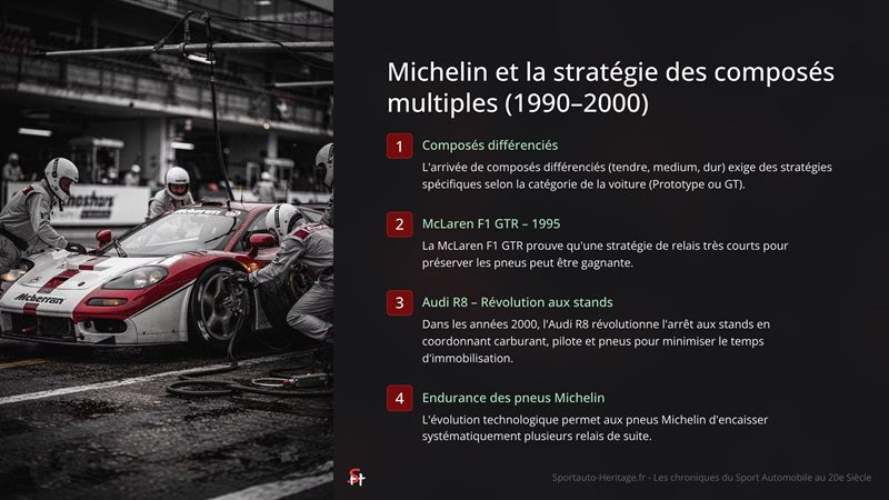 Michelin et la stratégie des composés multiples (1990–2000)

Composés différenciés

L'arrivée de composés différenciés (tendre, medium, dur) exige des stratégies spécifiques selon la catégorie de la voiture (Prototype ou GT).

McLaren F1 GTR – 1995

La McLaren F1 GTR prouve qu'une stratégie de relais très courts pour préserver les pneus peut être gagnante.

Audi R8 – Révolution aux stands

Dans les années 2000, l'Audi R8 révolutionne l'arrêt aux stands en coordonnant carburant, pilote et pneus pour minimiser le temps d'immobilisation.

Endurance des pneus Michelin

L'évolution technologique permet aux pneus Michelin d'encaisser systématiquement plusieurs relais de suite.