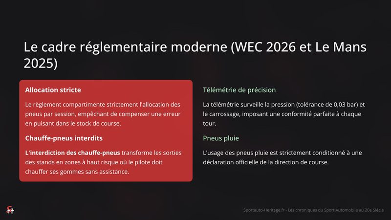 Le cadre réglementaire moderne (WEC 2026 et Le Mans 2025)

Allocation stricte

Le règlement compartimente strictement l'allocation des pneus par session, empêchant de compenser une erreur en puisant dans le stock de course.

Chauffe-pneus interdits

L'interdiction des chauffe-pneus transforme les sorties des stands en zones à haut risque où le pilote doit chauffer ses gommes sans assistance.

Télémétrie de précision

La télémétrie surveille la pression (tolérance de 0,03 bar) et le carrossage, imposant une conformité parfaite à chaque tour.

Pneus pluie

L'usage des pneus pluie est strictement conditionné à une déclaration officielle de la direction de course.