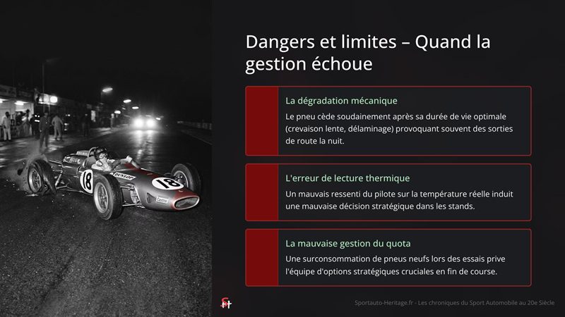 Dangers et limites – Quand la gestion échoue

La dégradation mécanique

Le pneu cède soudainement après sa durée de vie optimale (crevaison lente, délaminage) provoquant souvent des sorties de route la nuit.

L'erreur de lecture thermique

Un mauvais ressenti du pilote sur la température réelle induit une mauvaise décision stratégique dans les stands.

La mauvaise gestion du quota

Une surconsommation de pneus neufs lors des essais prive l'équipe d'options stratégiques cruciales en fin de course.