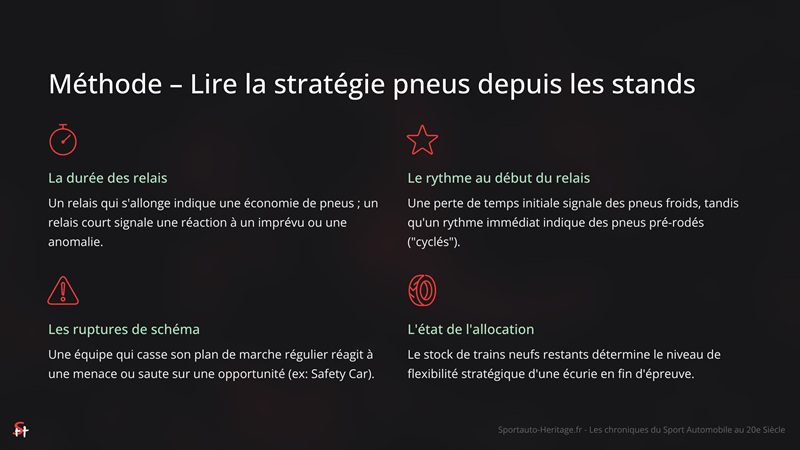 Méthode – Lire la stratégie pneus depuis les stands

La durée des relais

Un relais qui s'allonge indique une économie de pneus ; un relais court signale une réaction à un imprévu ou une anomalie.

Le rythme au début du relais

Une perte de temps initiale signale des pneus froids, tandis qu'un rythme immédiat indique des pneus pré-rodés ("cyclés").

Les ruptures de schéma

Une équipe qui casse son plan de marche régulier réagit à une menace ou saute sur une opportunité (ex: Safety Car).

L'état de l'allocation

Le stock de trains neufs restants détermine le niveau de flexibilité stratégique d'une écurie en fin d'épreuve.