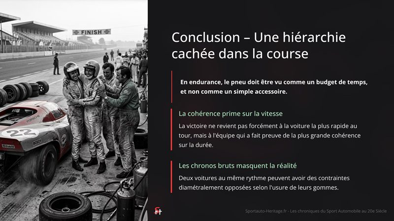 Conclusion – Une hiérarchie cachée dans la course En endurance, le pneu doit être vu comme un budget de temps, et non comme un simple accessoire. La cohérence prime sur la vitesse La victoire ne revient pas forcément à la voiture la plus rapide au tour, mais à l'équipe qui a fait preuve de la plus grande cohérence sur la durée. Les chronos bruts masquent la réalité Deux voitures au même rythme peuvent avoir des contraintes diamétralement opposées selon l'usure de leurs gommes.