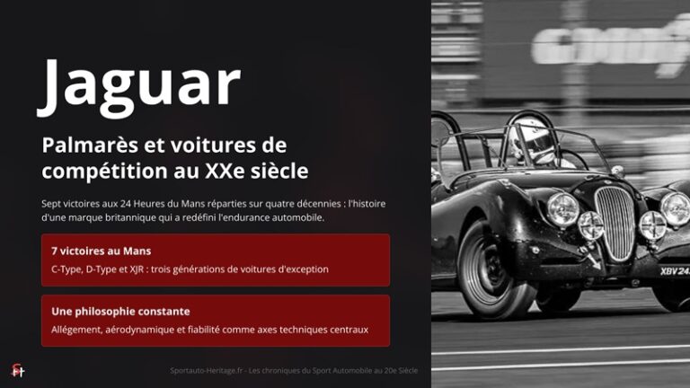 Jaguar : Palmarès et voitures de compétition au XXe siècle Sept victoires aux 24 Heures du Mans réparties sur quatre décennies : l'histoire d'une marque britannique qui a redéfini l'endurance automobile.