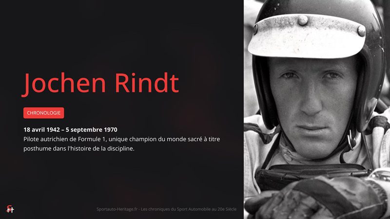 Jochen Rindt : 18 avril 1942 – 5 septembre 1970. Pilote autrichien de Formule 1, unique champion du monde sacré à titre posthume dans l'histoire de la discipline.