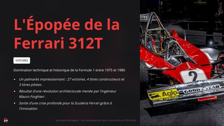 Épopée de la Ferrari 312T Domination technique et historique de la Formule 1 entre 1975 et 1980 Un palmarès impressionnant : 27 victoires, 4 titres constructeurs et 3 titres pilotes . Résultat d'une révolution architecturale menée par l'ingénieur Mauro Forghieri . Sortie d'une crise profonde pour la Scuderia Ferrari grâce à l'innovation