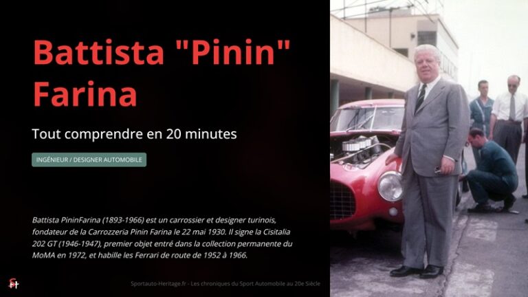 Battista PininFarina (1893-1966) est un carrossier et designer turinois, fondateur de la Carrozzeria Pinin Farina le 22 mai 1930. Il signe la Cisitalia 202 GT (1946-1947), premier objet entré dans la collection permanente du MoMA en 1972, et habille les Ferrari de route de 1952 à 1966.