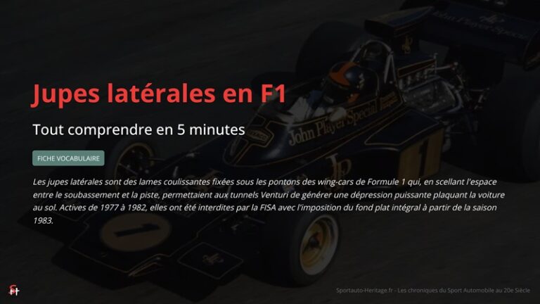 Les jupes latérales sont des lames coulissantes fixées sous les pontons des wing-cars de Formule 1 qui, en scellant l'espace entre le soubassement et la piste, permettaient aux tunnels Venturi de générer une dépression puissante plaquant la voiture au sol. Actives de 1977 à 1982, elles ont été interdites par la FISA avec l'imposition du fond plat intégral à partir de la saison 1983.