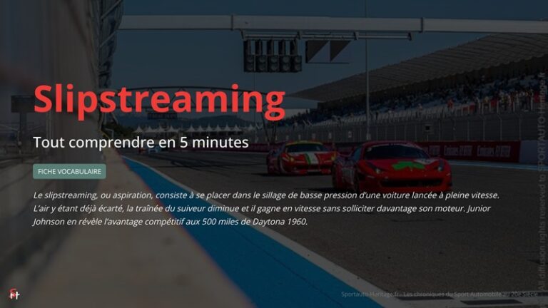 Le slipstreaming, ou aspiration, consiste à se placer dans le sillage de basse pression d’une voiture lancée à pleine vitesse. L’air y étant déjà écarté, la traînée du suiveur diminue et il gagne en vitesse sans solliciter davantage son moteur. Junior Johnson en révèle l’avantage compétitif aux 500 miles de Daytona 1960.
