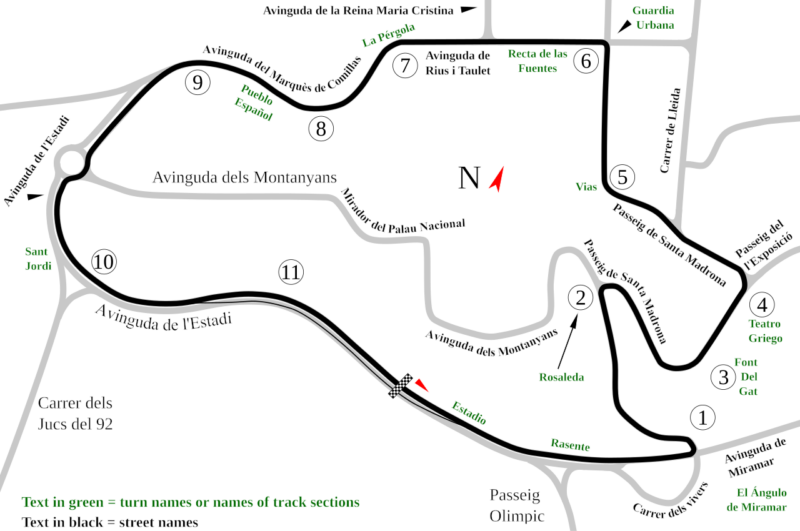 Plan du tracé du circuit de Montjuïc. Les lignes grises représentent les rues. Le texte en vert indique soit les noms des virages, soit ceux des sections du circuit. Le texte en noir (sans cercle) correspond aux noms des rues.