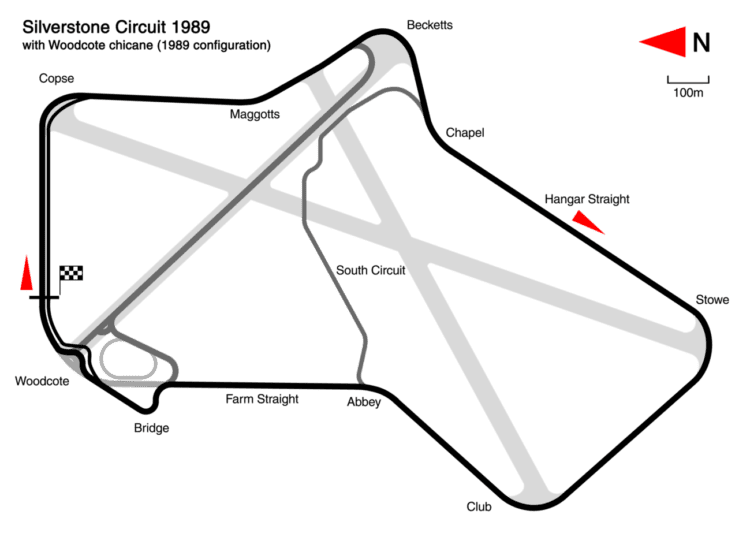 Plan du circuit de Silverstone (Royaume-Uni) dans sa configuration de 1989, avec la chicane Woodcote.