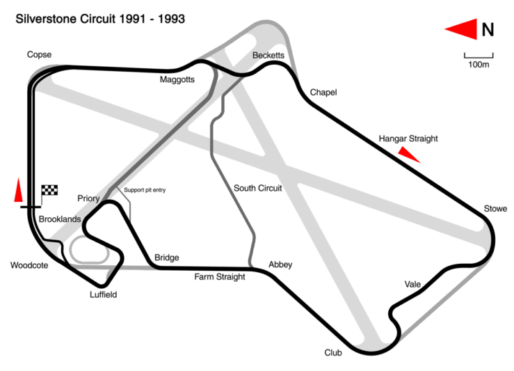 Plan du circuit de Silverstone (Royaume-Uni) dans sa configuration de 1991 à 1993.