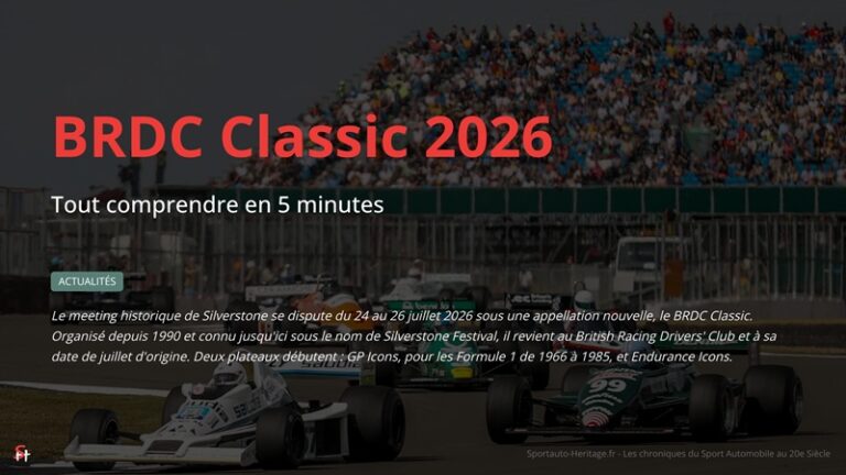 Le meeting historique de Silverstone se dispute du 24 au 26 juillet 2026 sous une appellation nouvelle, le BRDC Classic. Organisé depuis 1990 et connu jusqu'ici sous le nom de Silverstone Festival, il revient au British Racing Drivers' Club et à sa date de juillet d'origine. Deux plateaux débutent : GP Icons, pour les Formule 1 de 1966 à 1985, et Endurance Icons.