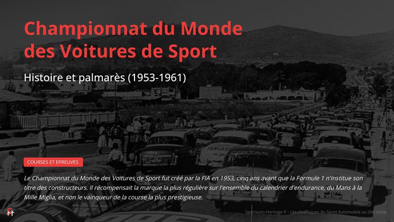 Le Championnat du Monde des Voitures de Sport fut créé par la FIA en 1953, cinq ans avant que la Formule 1 n'institue son titre des constructeurs. Il récompensait la marque la plus régulière sur l'ensemble du calendrier d'endurance, du Mans à la Mille Miglia, et non le vainqueur de la course la plus prestigieuse.
