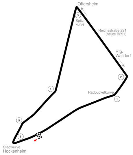 Circuit de Hockenheim (Dreieckskurs - tracé triangulaire), sur routes publiques, configuration 1932–1937, 12,045 km