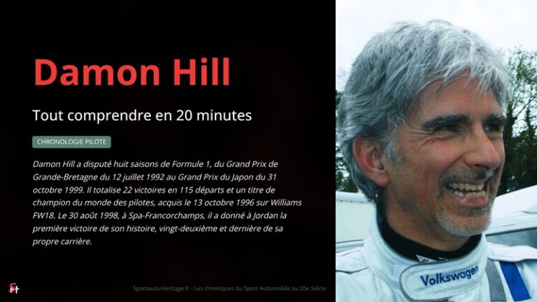 Chronologie Damon Hill : Il a disputé huit saisons de Formule 1, du Grand Prix de Grande-Bretagne du 12 juillet 1992 au Grand Prix du Japon du 31 octobre 1999. Il totalise 22 victoires en 115 départs et un titre de champion du monde des pilotes, acquis le 13 octobre 1996 sur Williams FW18. Le 30 août 1998, à Spa-Francorchamps, il a donné à Jordan la première victoire de son histoire, vingt-deuxième et dernière de sa propre carrière.