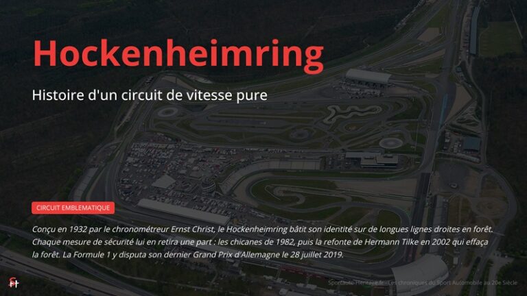 Conçu en 1932 par le chronométreur Ernst Christ, le Hockenheimring bâtit son identité sur de longues lignes droites en forêt. Chaque mesure de sécurité lui en retira une part : les chicanes de 1982, puis la refonte de Hermann Tilke en 2002 qui effaça la forêt. La Formule 1 y disputa son dernier Grand Prix d'Allemagne le 28 juillet 2019.