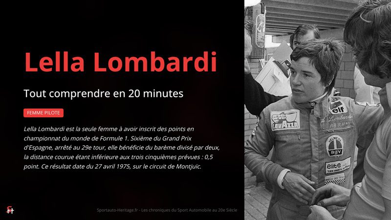 Lella Lombardi est la seule femme à avoir inscrit des points en championnat du monde de Formule 1. Sixième du Grand Prix d'Espagne, arrêté au 29e tour, elle bénéficie du barème divisé par deux, la distance courue étant inférieure aux trois cinquièmes prévues : 0,5 point. Ce résultat date du 27 avril 1975, sur le circuit de Montjuïc.