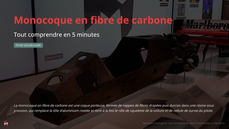 La monocoque en fibre de carbone est une coque porteuse, formée de nappes de fibres drapées puis durcies dans une résine sous pression, qui remplace la tôle d’aluminium rivetée et tient à la fois le rôle de squelette de la voiture et de cellule de survie du pilote.