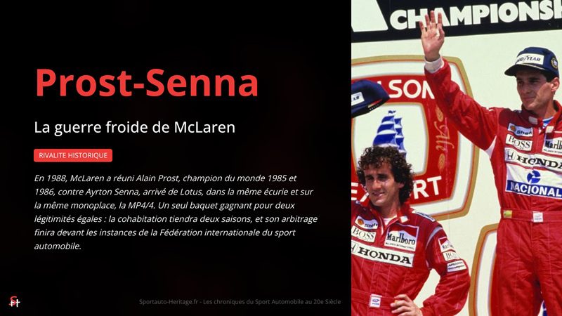 Prost contre Senna : En 1988, McLaren a réuni Alain Prost, champion du monde 1985 et 1986, contre Ayrton Senna, arrivé de Lotus, dans la même écurie et sur la même monoplace, la MP4/4. Un seul baquet gagnant pour deux légitimités égales : la cohabitation tiendra deux saisons, et son arbitrage finira devant les instances de la Fédération internationale du sport automobile.